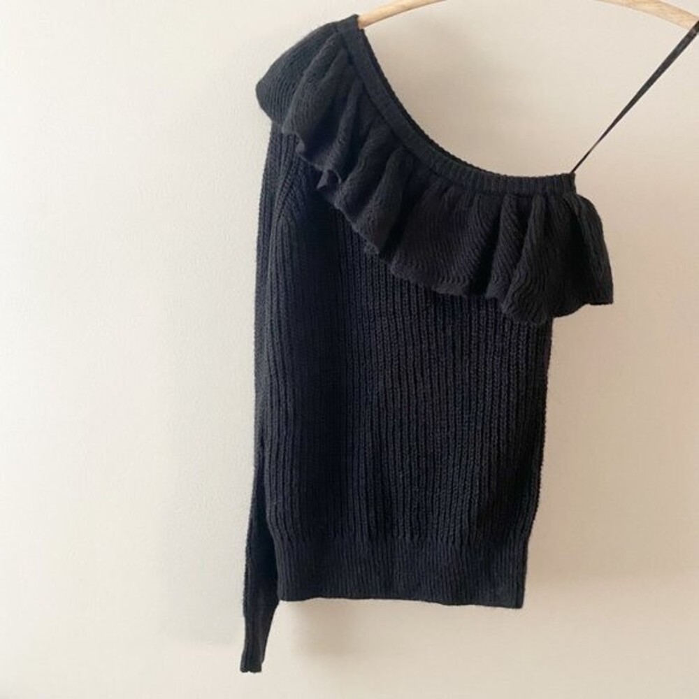 Rebecca Taylor Black Knit One Shoulder Ruffle Long Sleeve Alpaca Sweater XS - Picture 2 of 11